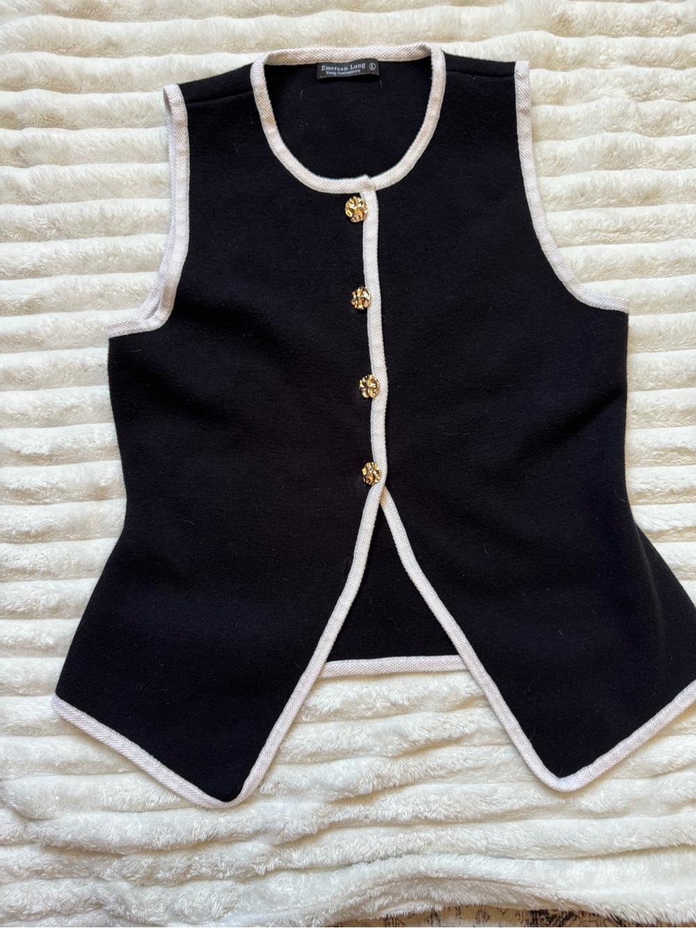 Emerson Lang Black V-Neck Sleeveless Sweater Vest with Contrast Trim